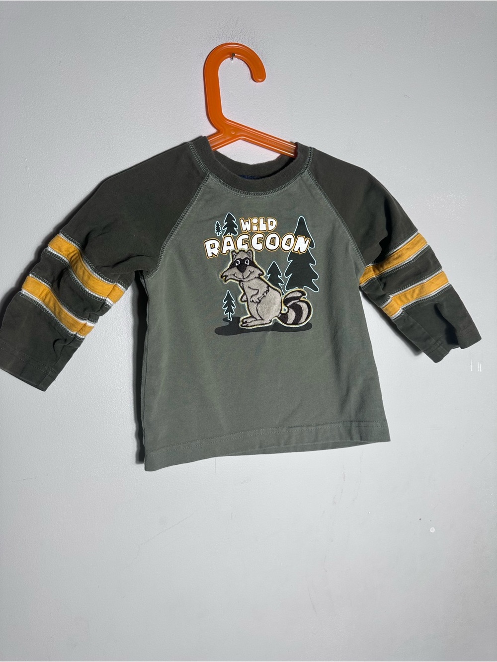 Vintage Cherokee Olive Long-Sleeve Tee with Raccoon Graphic & Yellow Stripes